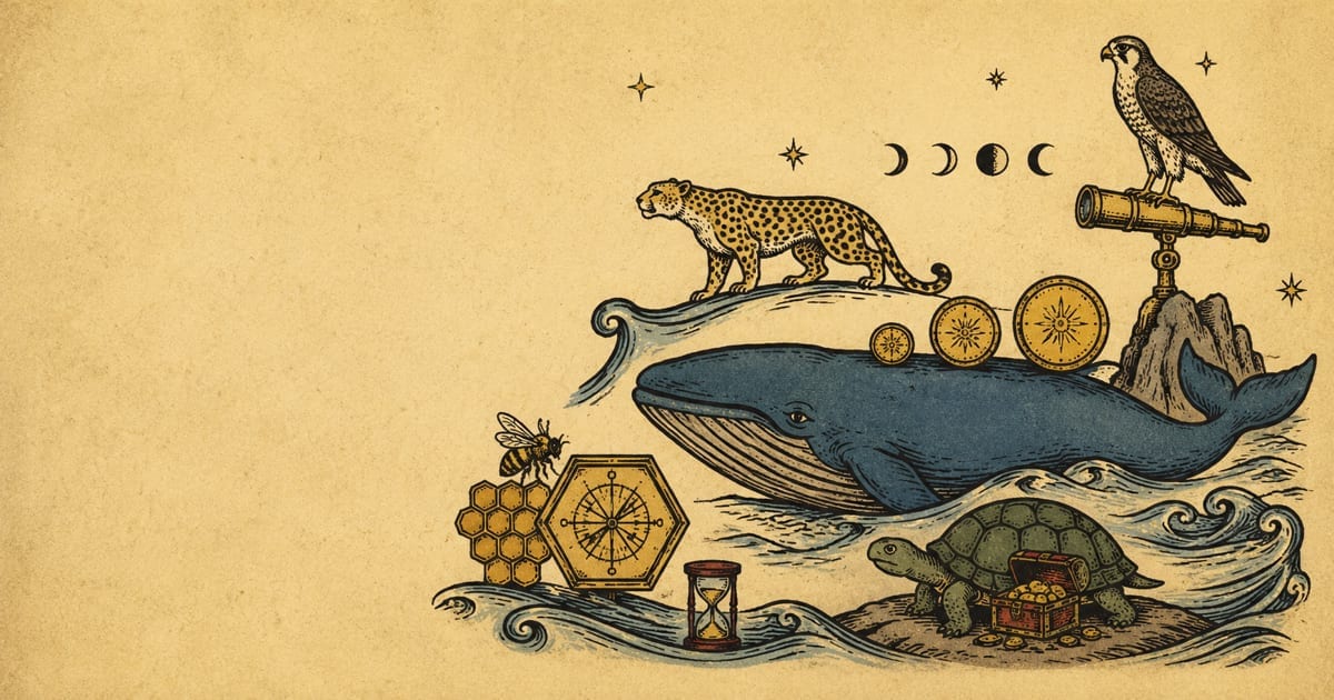 FWTI artwork with a whale, turtle, leopard, falcon and other money-personality symbols.