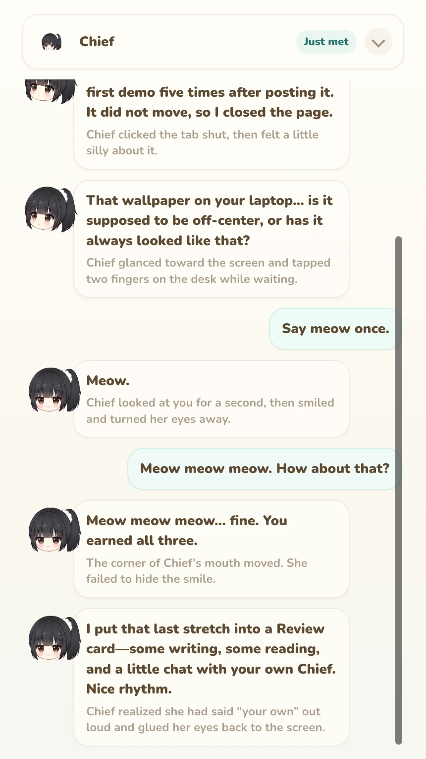 The Pocket Chief view with chat, mood reactions, and moments from the day