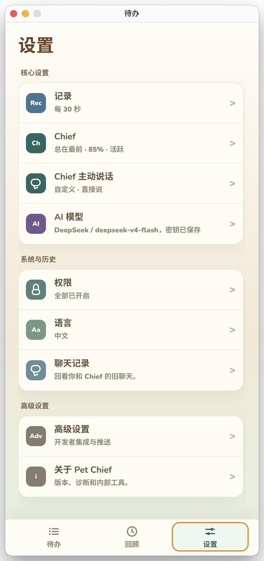 Pocket Chief 设置页截图