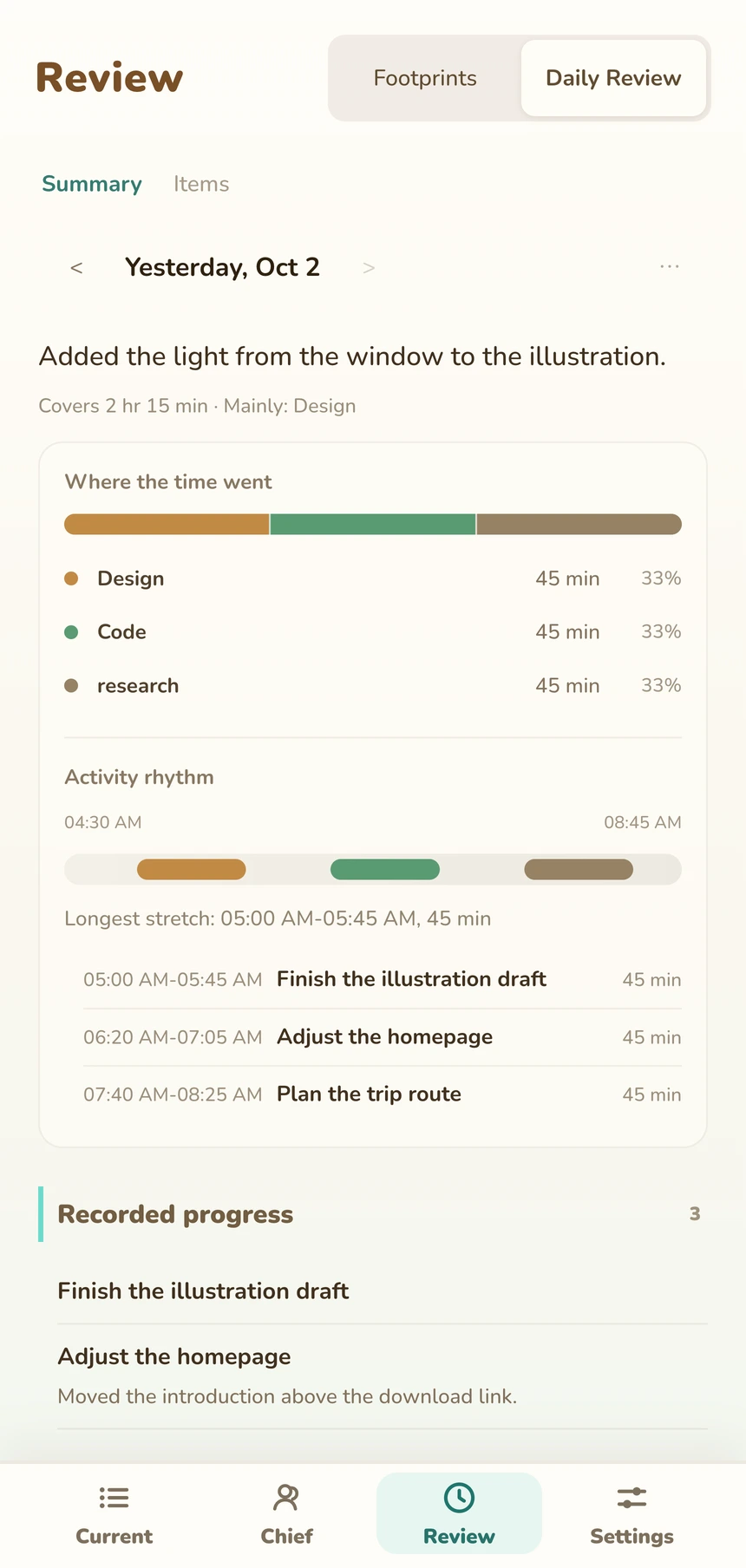 Pocket Chief daily review with confirmed work and possible next steps