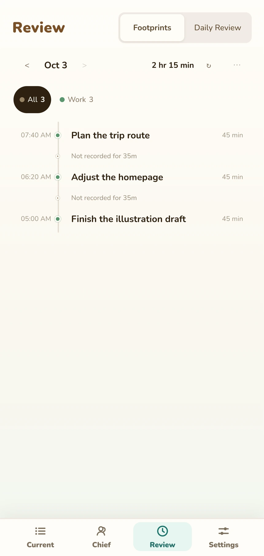 Pocket Chief activity timeline organized into readable time blocks
