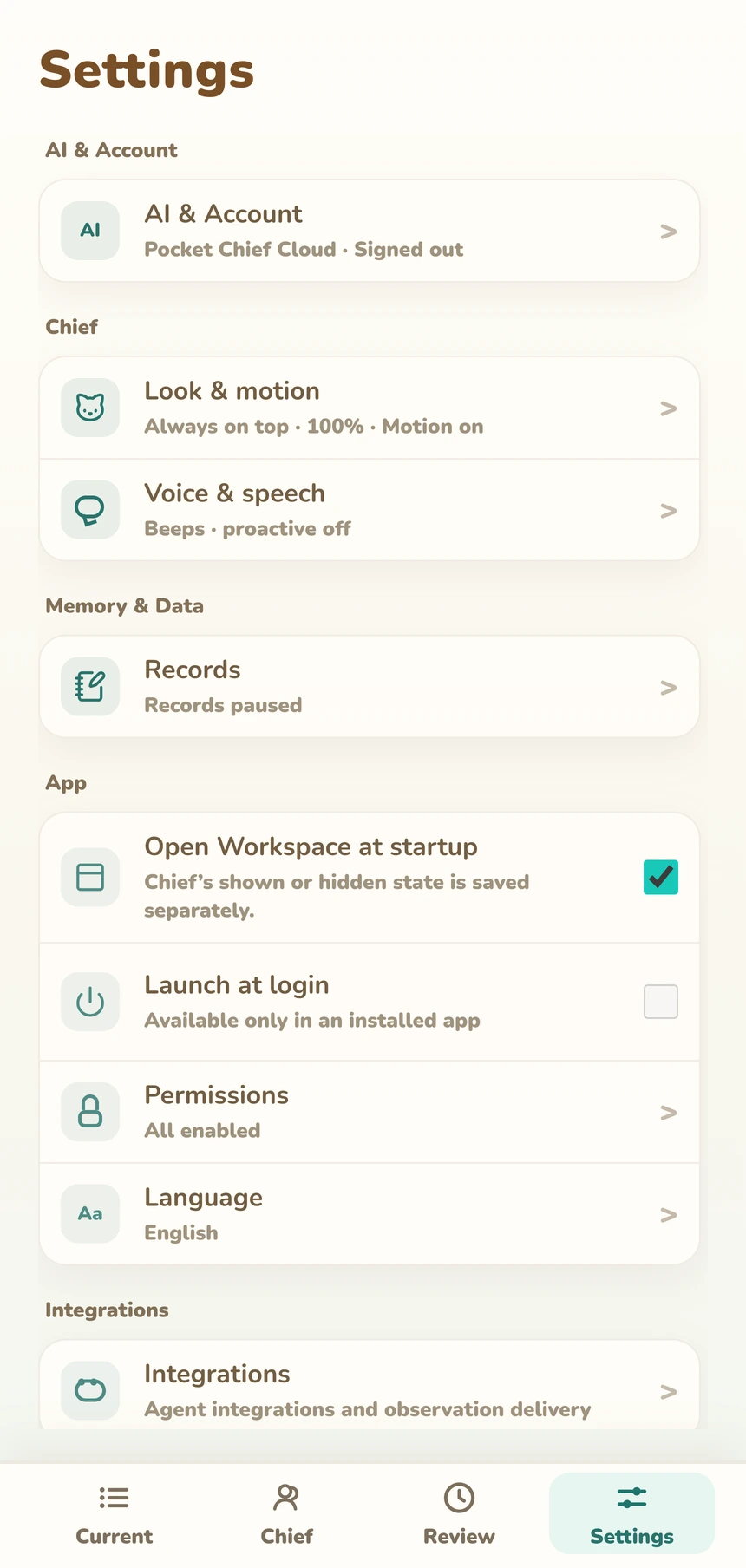 Released Settings home with Cloud account, Chief, recording, app, integration, and about sections