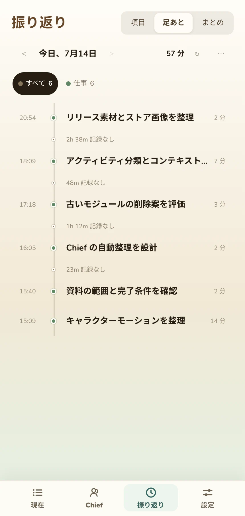 活動を読みやすい時間ブロックに整理した Pocket Chief のタイムライン