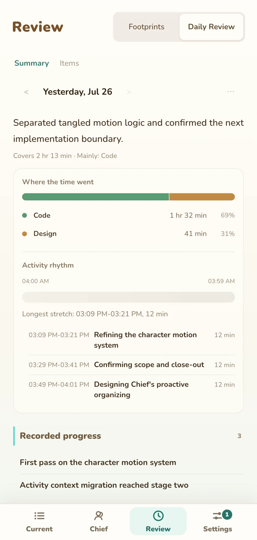 Pocket Chief daily review with confirmed work and possible next steps