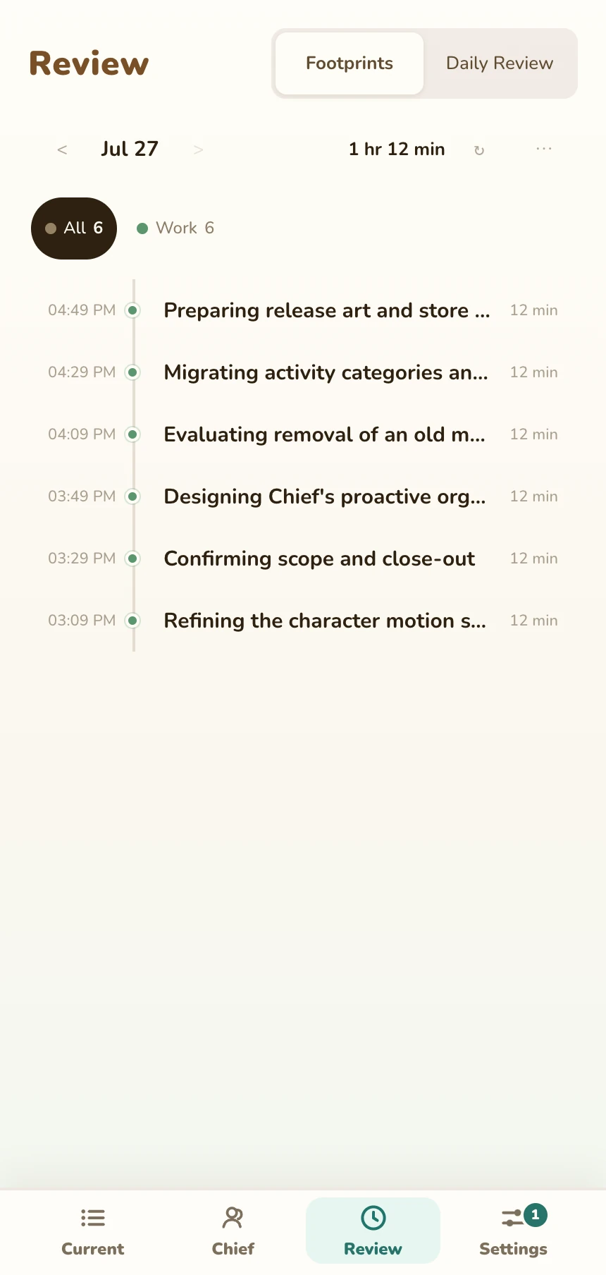 Pocket Chief activity timeline organized into readable time blocks