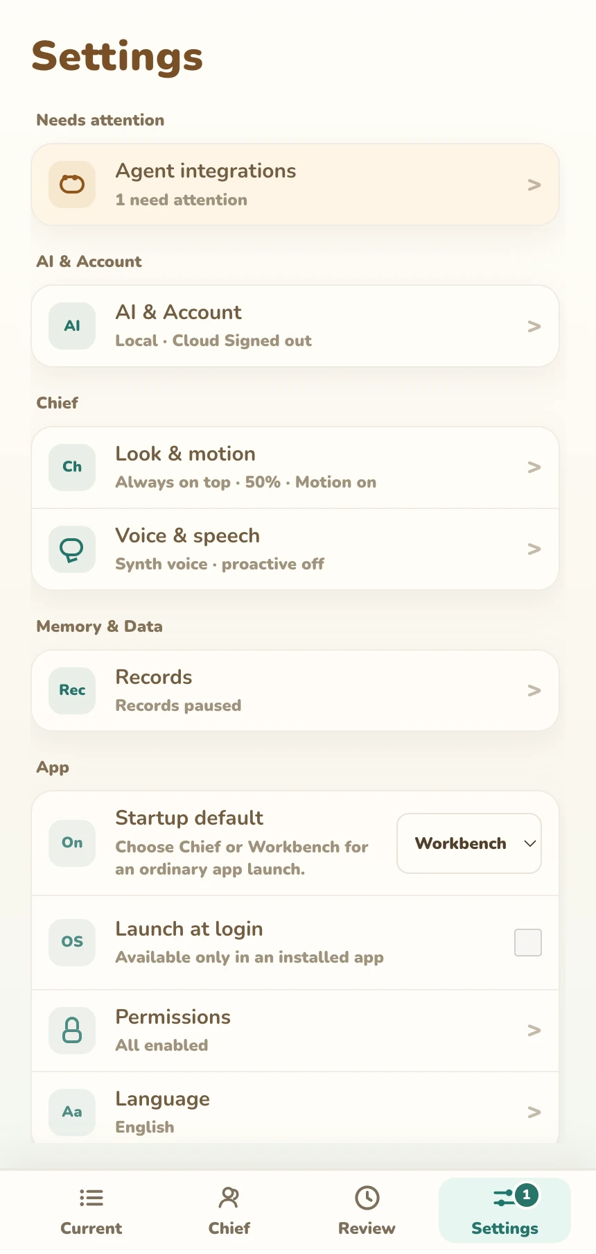 Pocket Chief Settings for Activity, Chief, models, language, and permissions