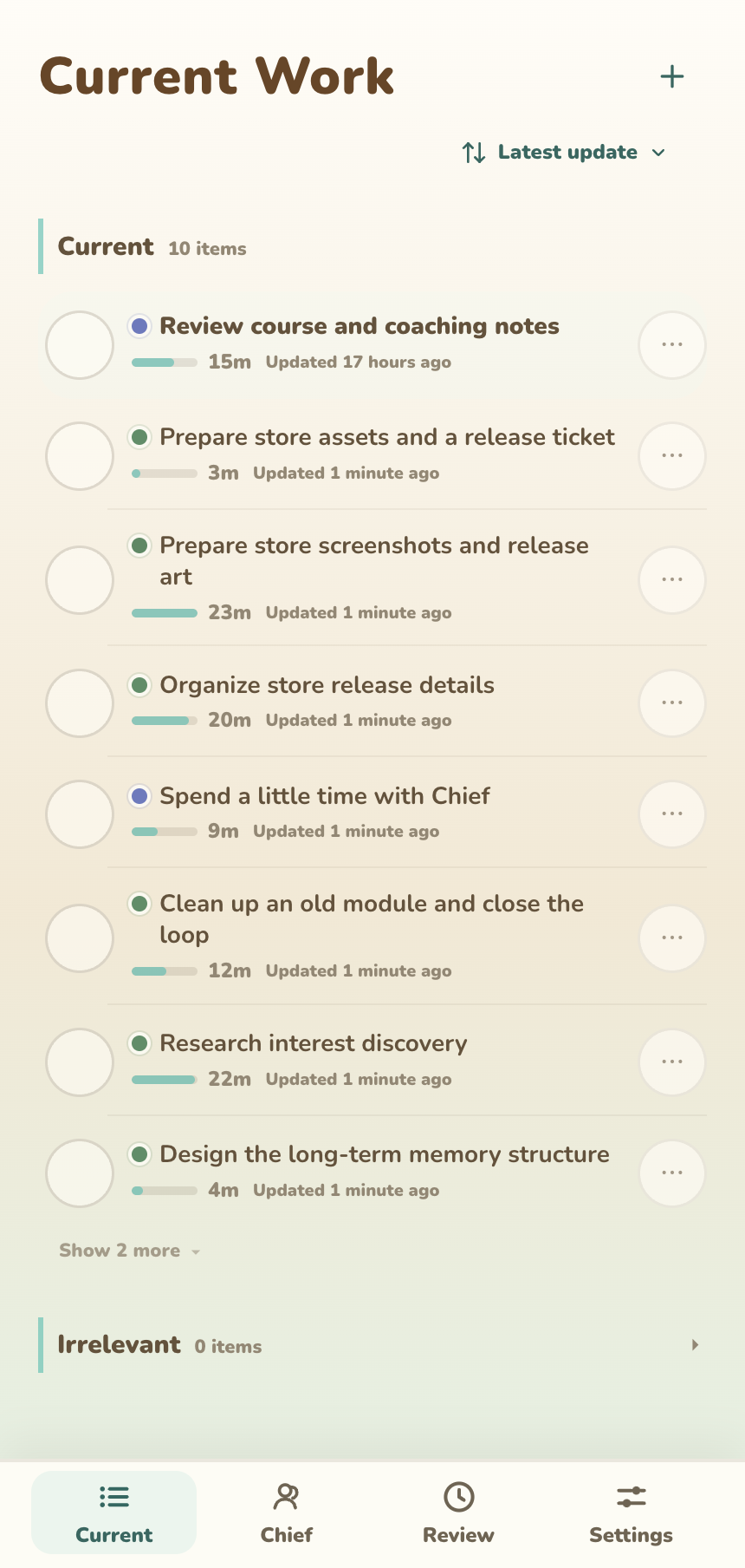 Current screen with pinned items, automatic records, and supporting groups