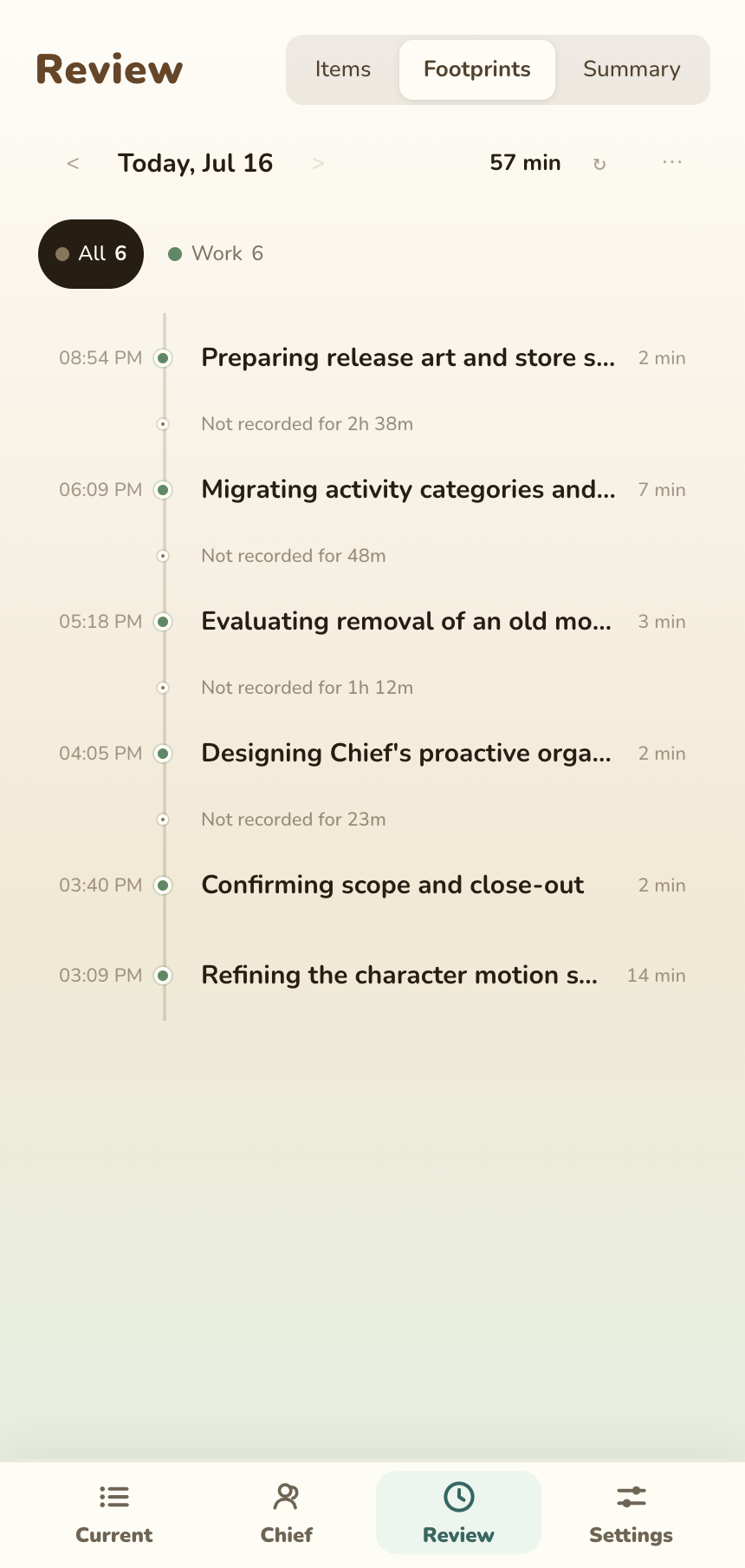 Review Footprints screen with date, filters, and organized record cards