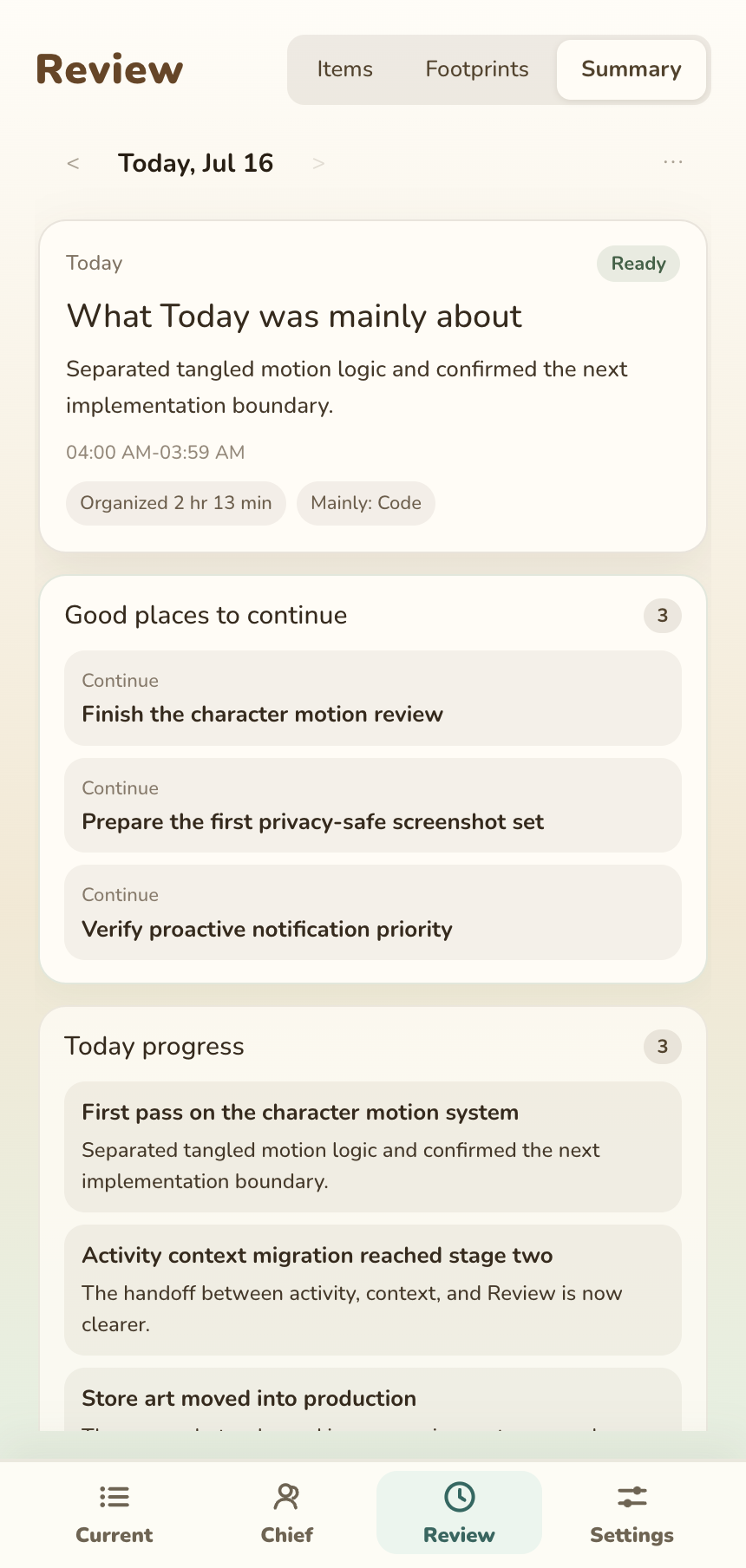 Review Summary screen with main work, follow-ups, and time allocation