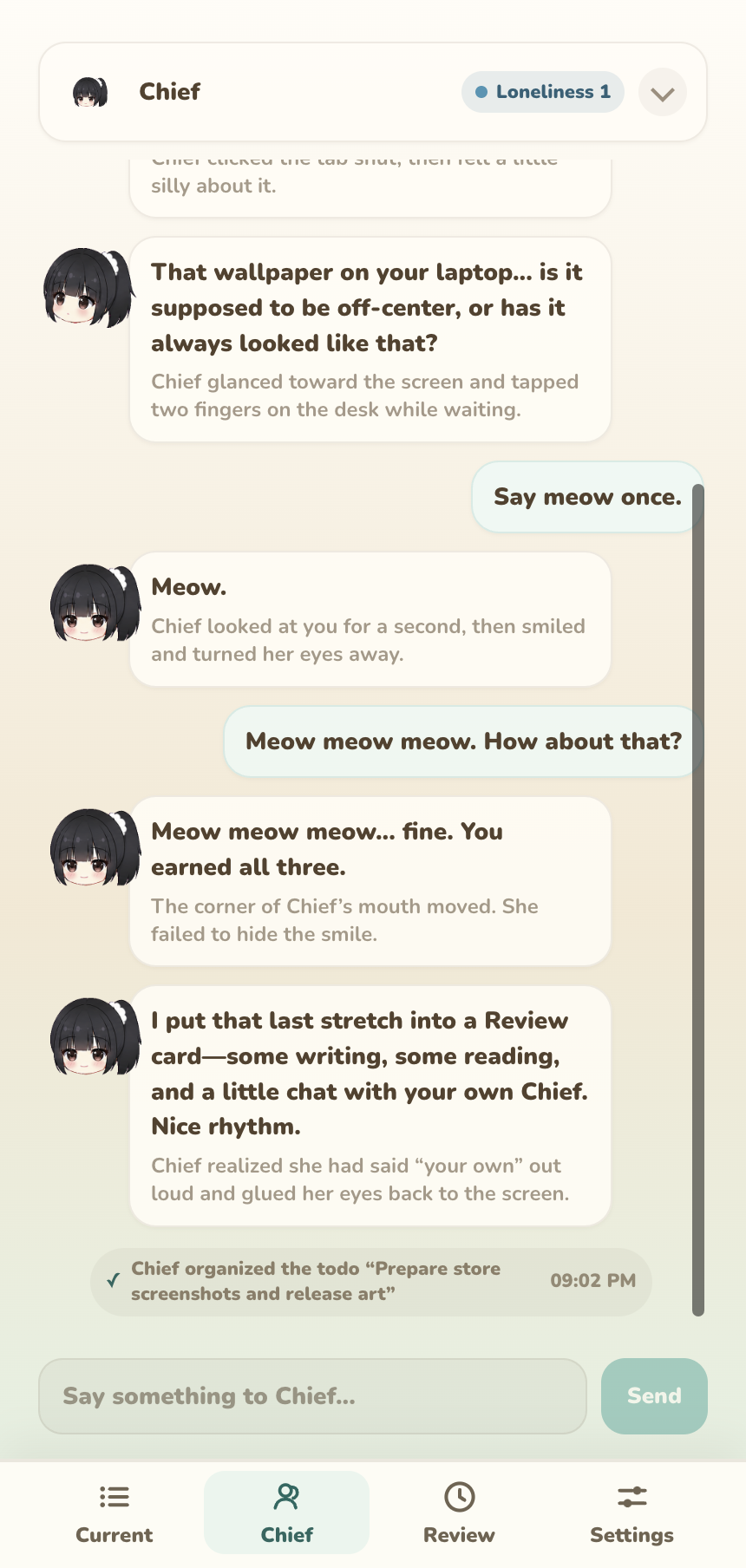 Chief tab with status, conversation timeline, and message input