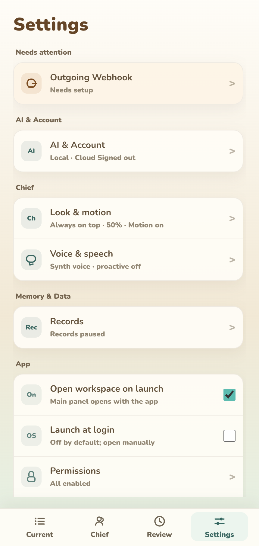 Settings home with AI, Chief, recording, app, integration, and about groups