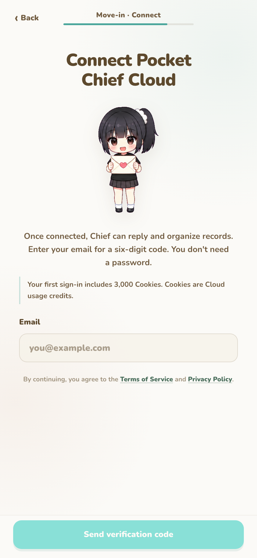 Direct Cloud connection screen asking for an email address