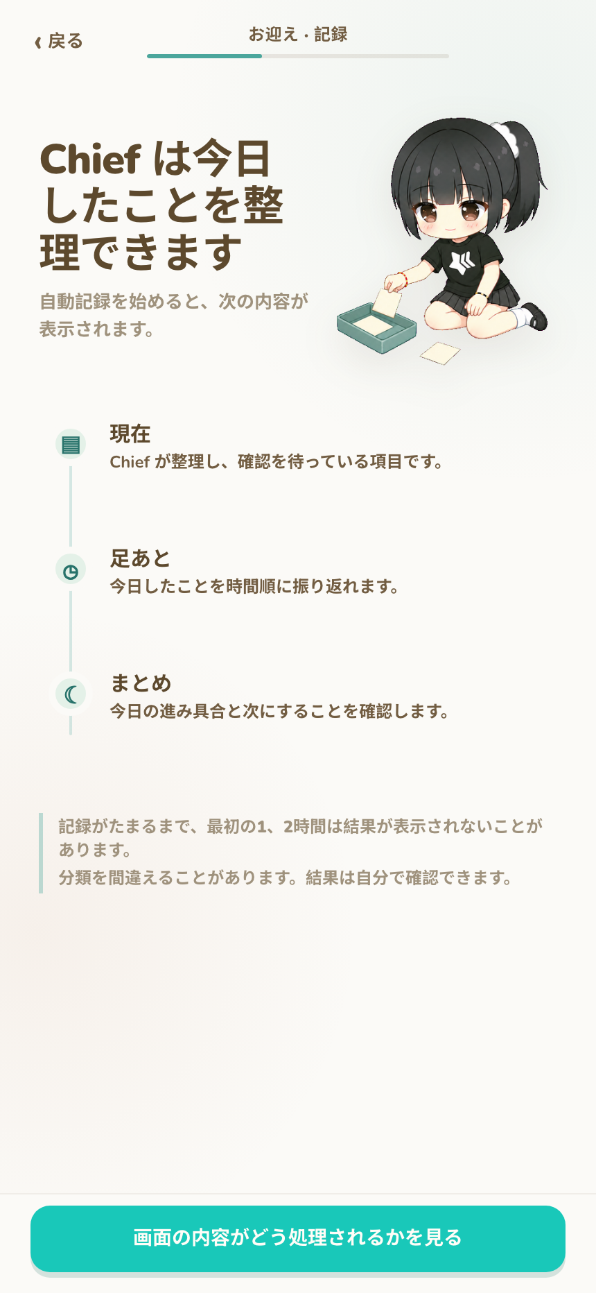 現在、足あと、まとめを説明する入居画面